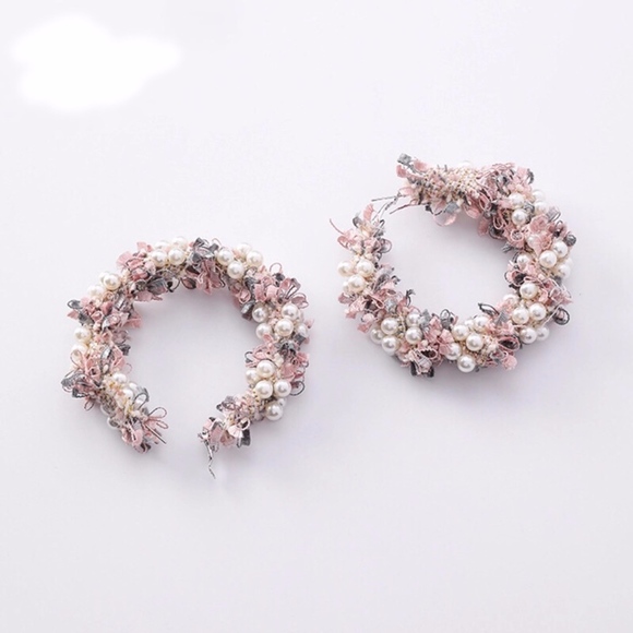 Beaded Pink Floral Pearl Wreath Hoop Earrings - Picture 7 of 8